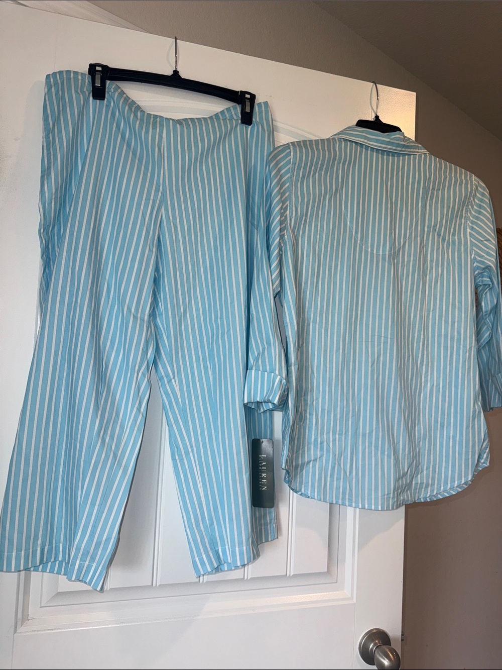 Lauren Ralph Lauren Striped 100% Cotton Pajama Set Capri Blue Medium - Picture 12 of 12